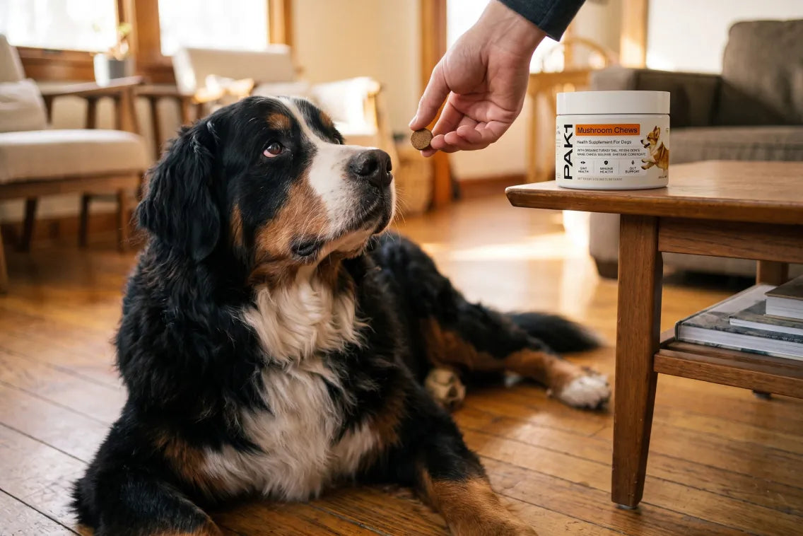 Bernese mountain dog getting a Mushroom Chew