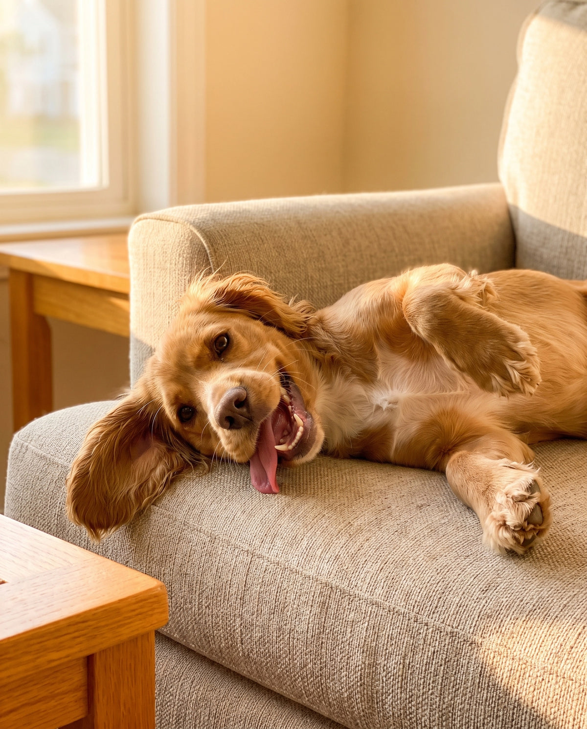 A dog lying on its back on a beige fabric armchair in a sunlit room.