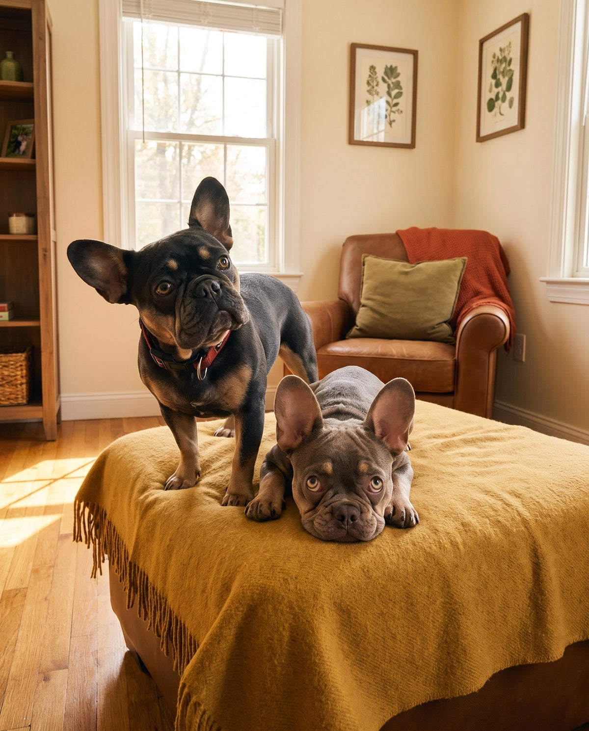 Two French bulldog puppies on a mustard yellow fringed throw blanket in a cozy, sunlit living room. One puppy stands looking up and the other lies down looking forward.