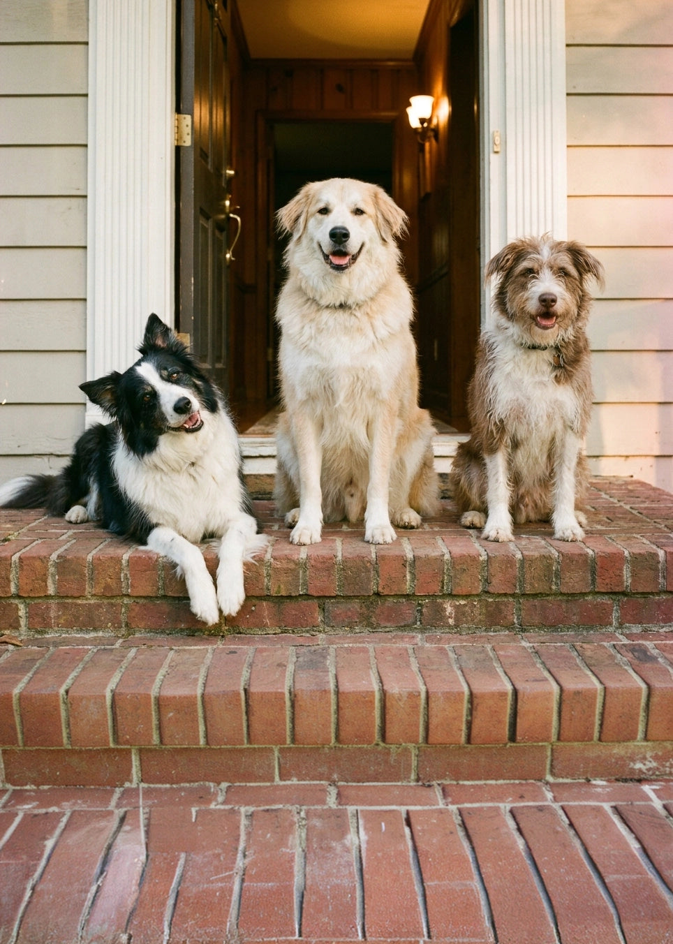 Three dogs sitting on the brick steps of a house entrance