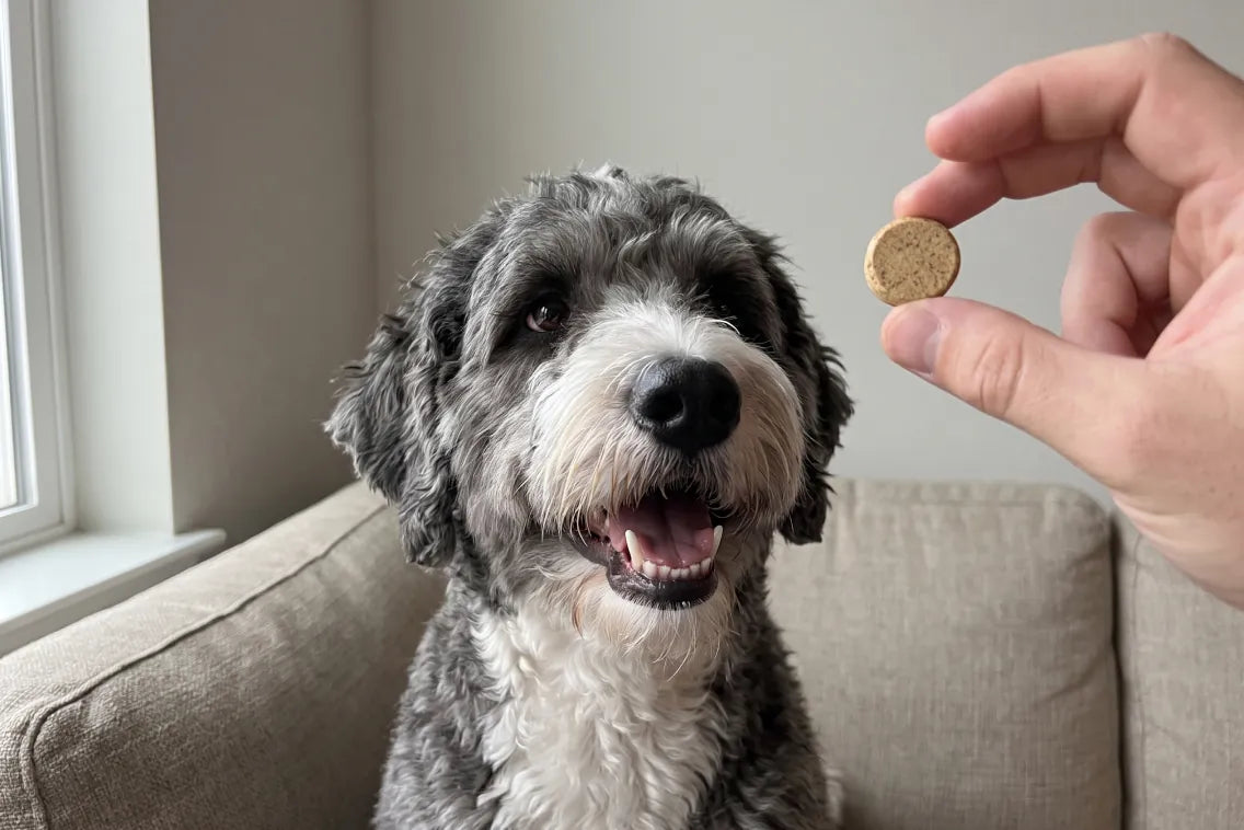 Winston on the couch waiting for his PAK1 Mushroom Chew