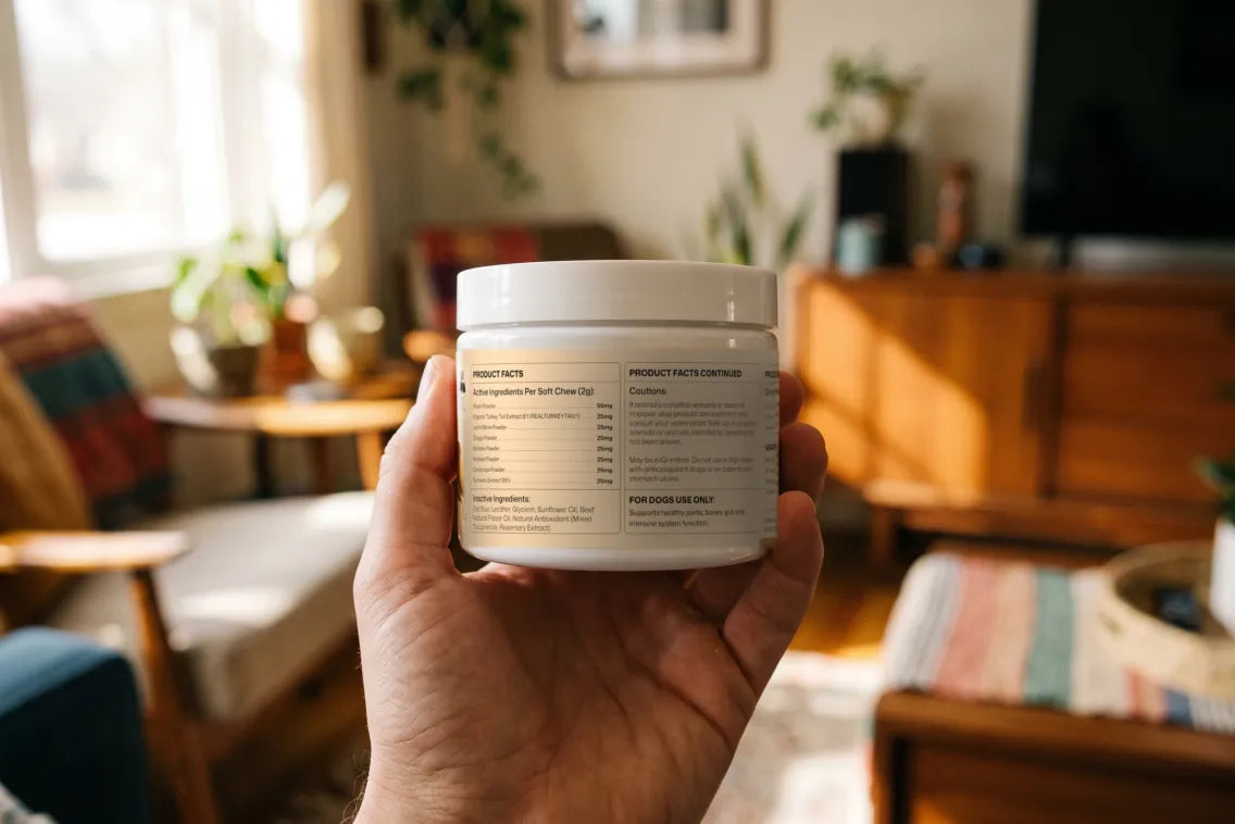 Holding the PAK1 Mushroom Chews tub label