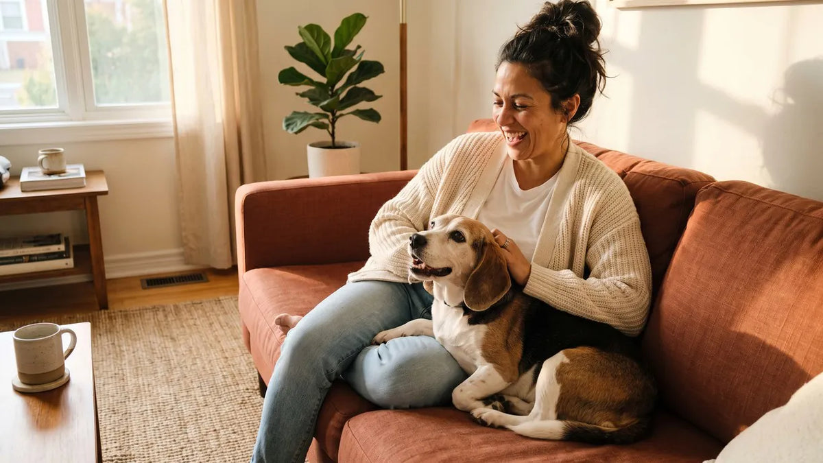 Gina on the couch with her beagle Cooper