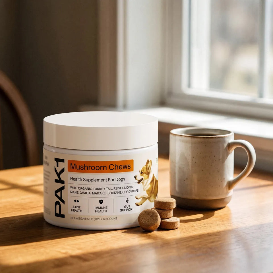 PAK1 Mushroom Chews tub on a kitchen table