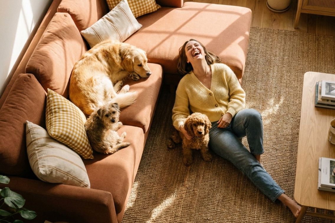 Dog relaxing on the couch while its owner laughs on the floor