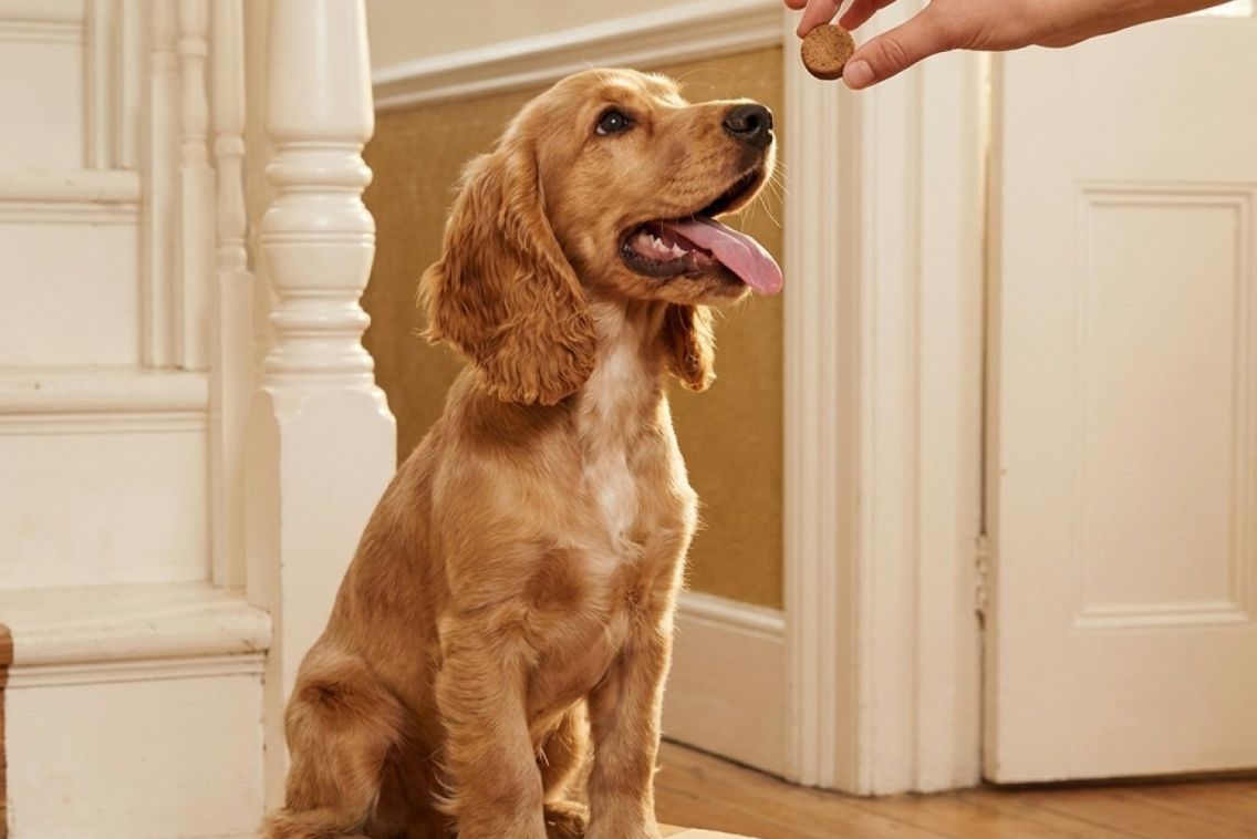 Dog on a stair step getting a treat