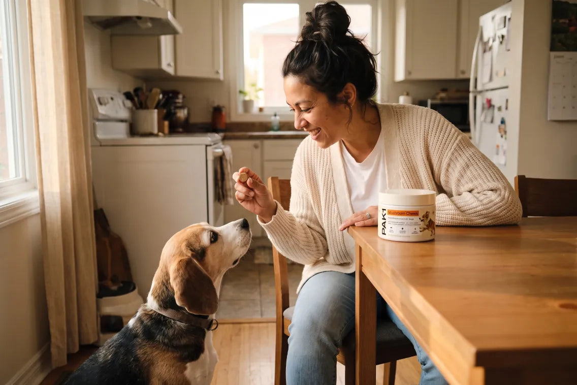 Gina giving Cooper a Mushroom Chew in the kitchen