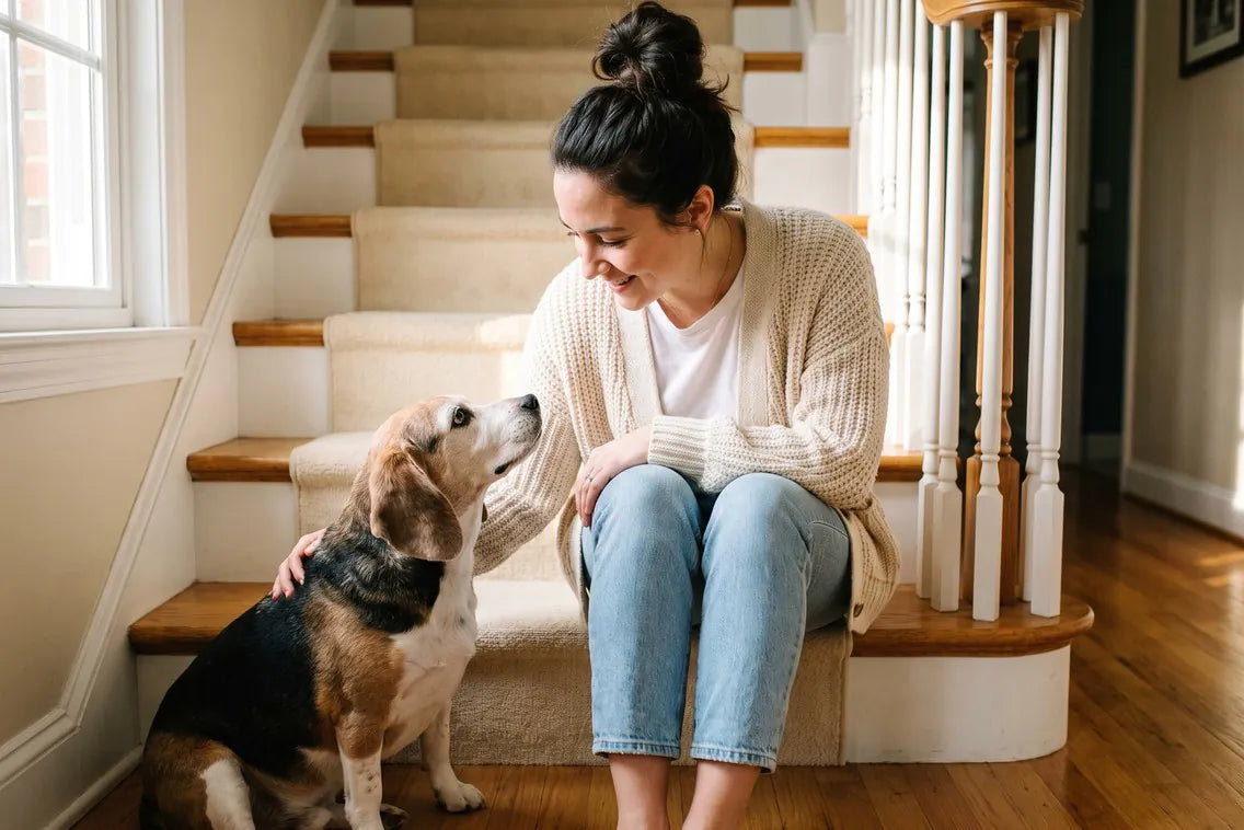 Gina sitting with Cooper on the stairs