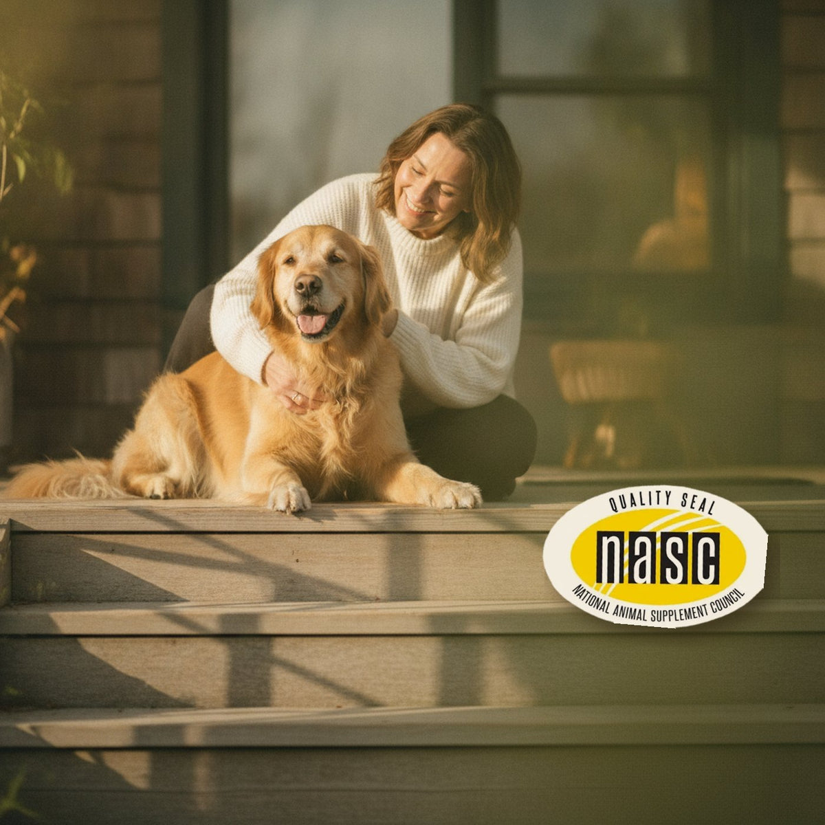 Happy golden retriever with their dog parent, NASC Quality Seal