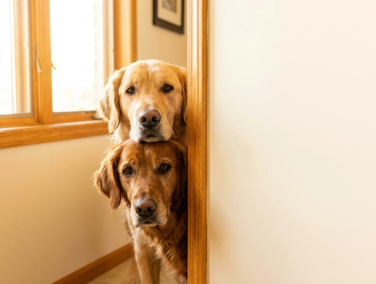 Two golden retriever dogs peeking out from behind a wooden doorframe in a warm, sunlit indoor setting.