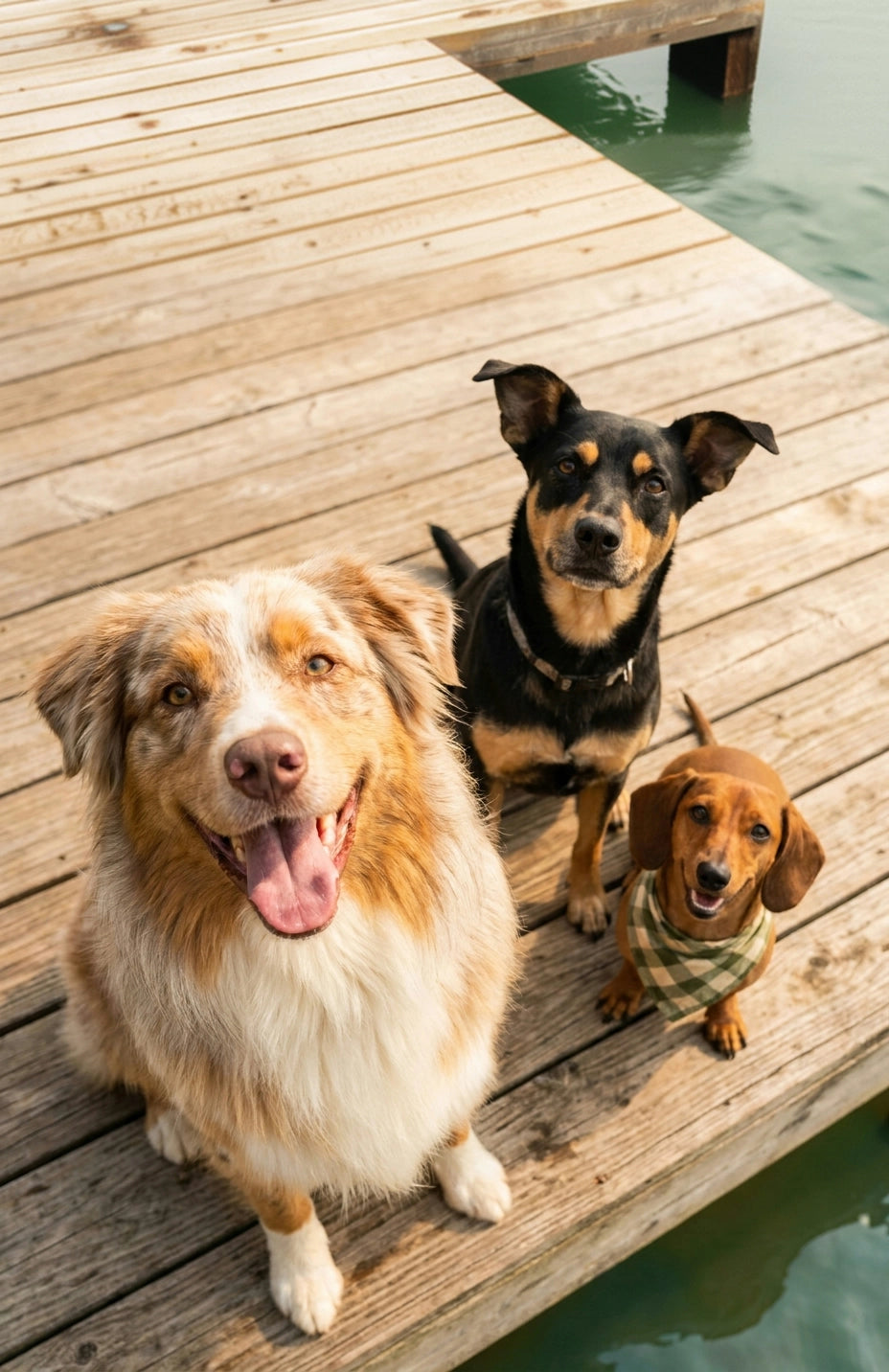 Three dogs sitting on a wooden dock next to the water